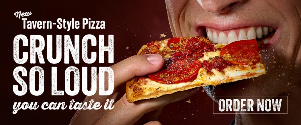 Close Up of Eating Pizza with the Text, "Order Now"